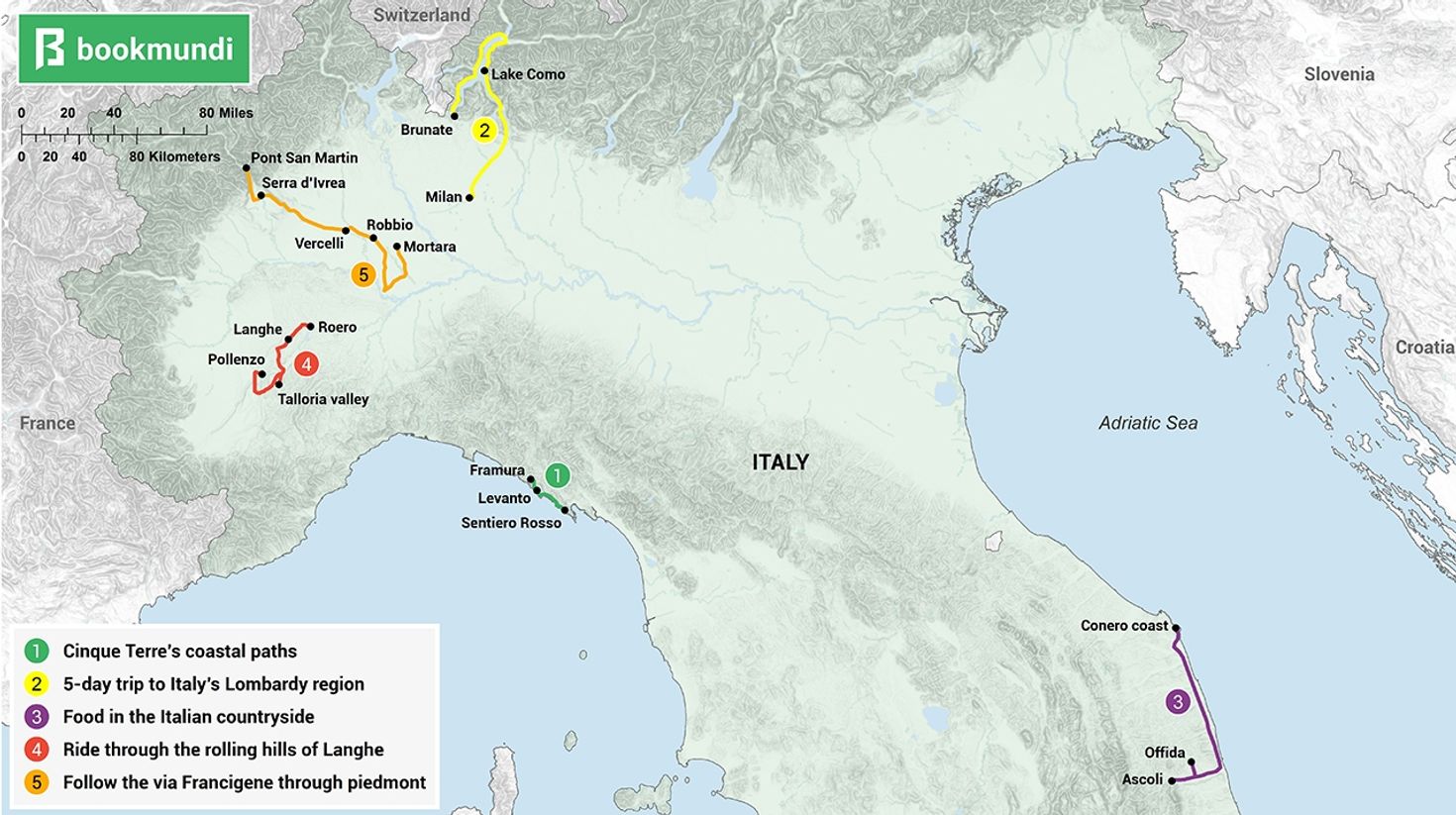 An overview map of 7-day itineraries for Italy