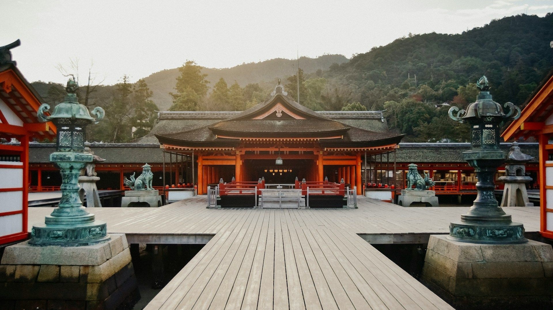 The striking red shrine of Itsukushima was built in 593 and is dedicated to the deity who protects from maritime disaster and war. Itsukushima Shrine in Miyajima Island in Japan during 6 days