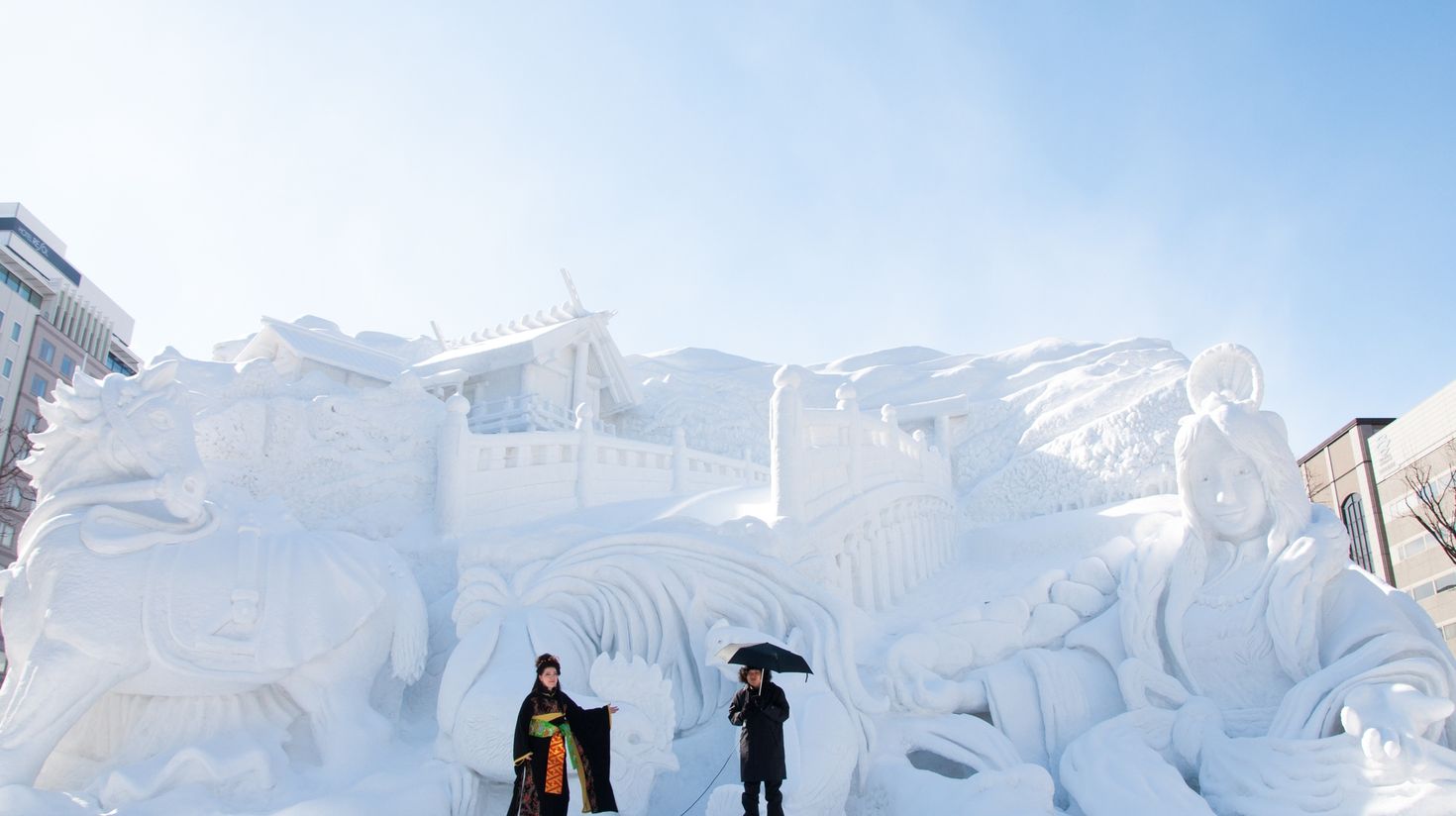 Two Japanese singers are on the stage during Sapporo Snow Festival