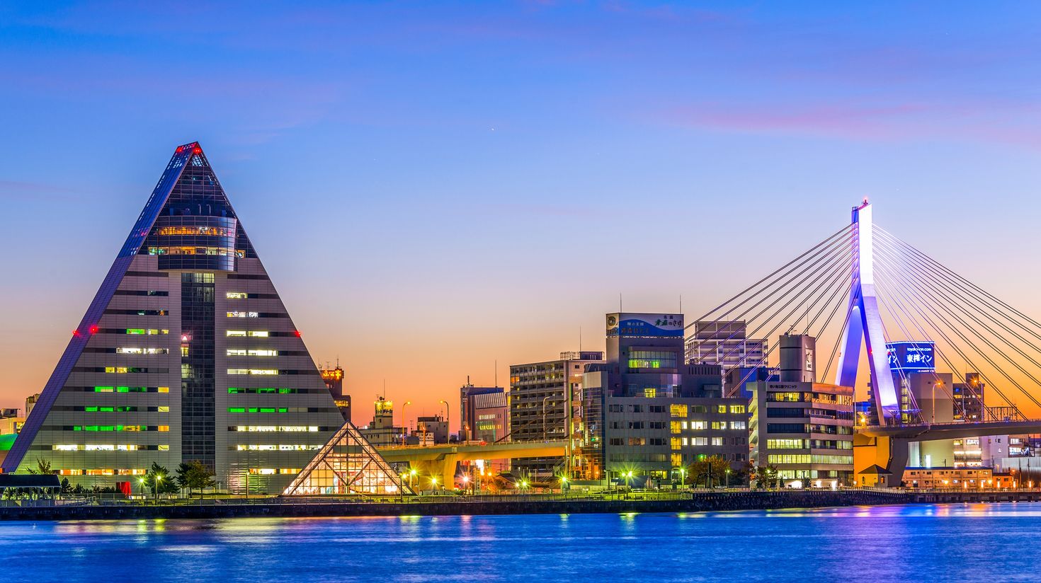 Aomori Prefecture Tourist Center at dusk in Japan in March.