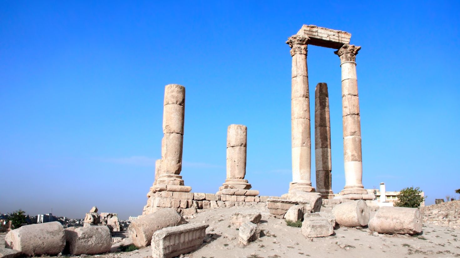 Ancient columns in Temple of Hercules in Amman, Jordan