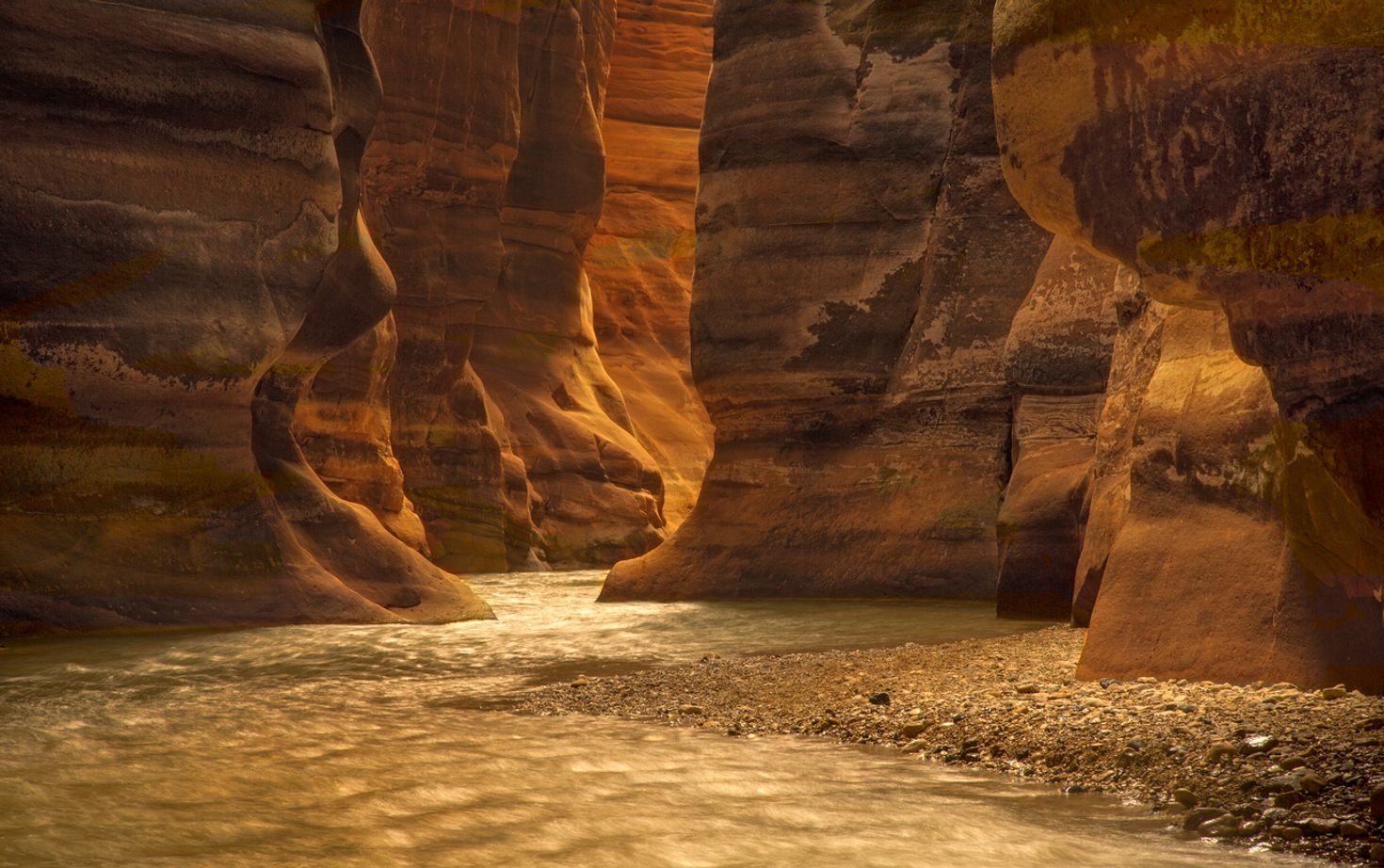 Canyon of Wadi Mujib in amazing golden light colors.