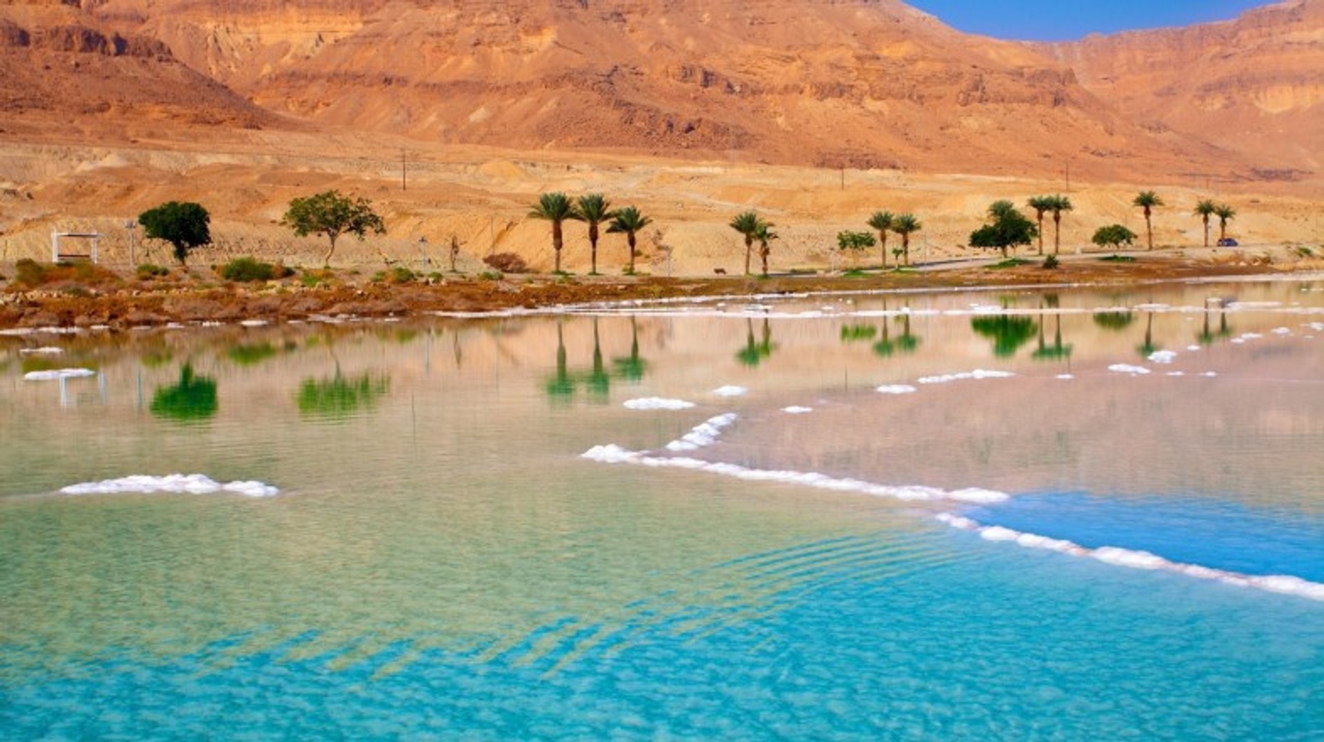 The sea shores of the Dead Sea on a clear day in Jordan in June.