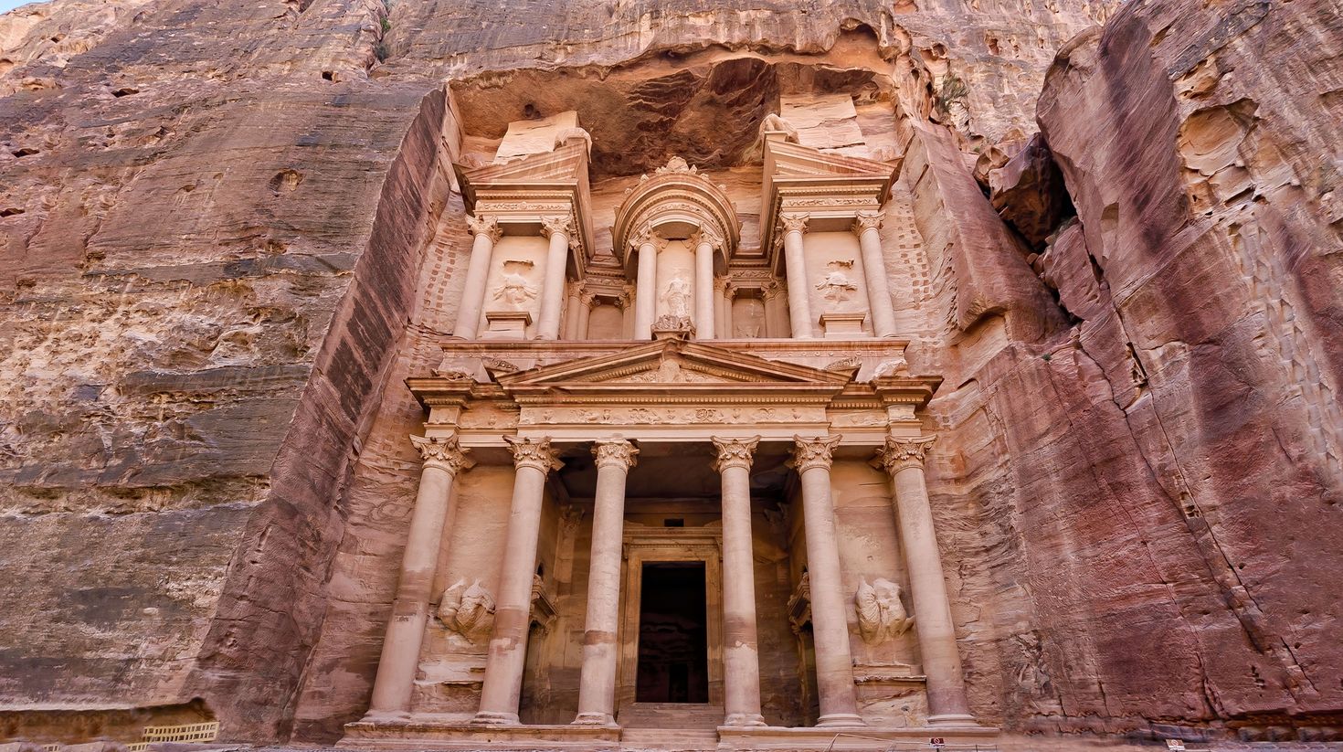 The frontal view of "The Treasury" in the ancient city of Petra.