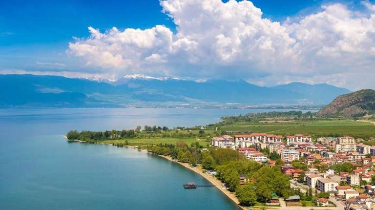 A picturesque view of Ohrid city and lake Ohrid on a beautiful summer day.