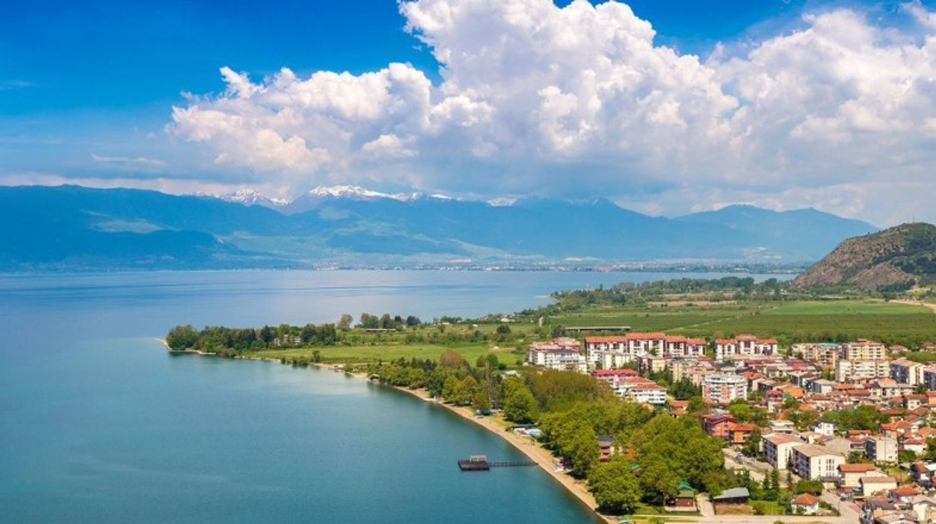 A picturesque view of Ohrid city and lake Ohrid on a beautiful summer day.
