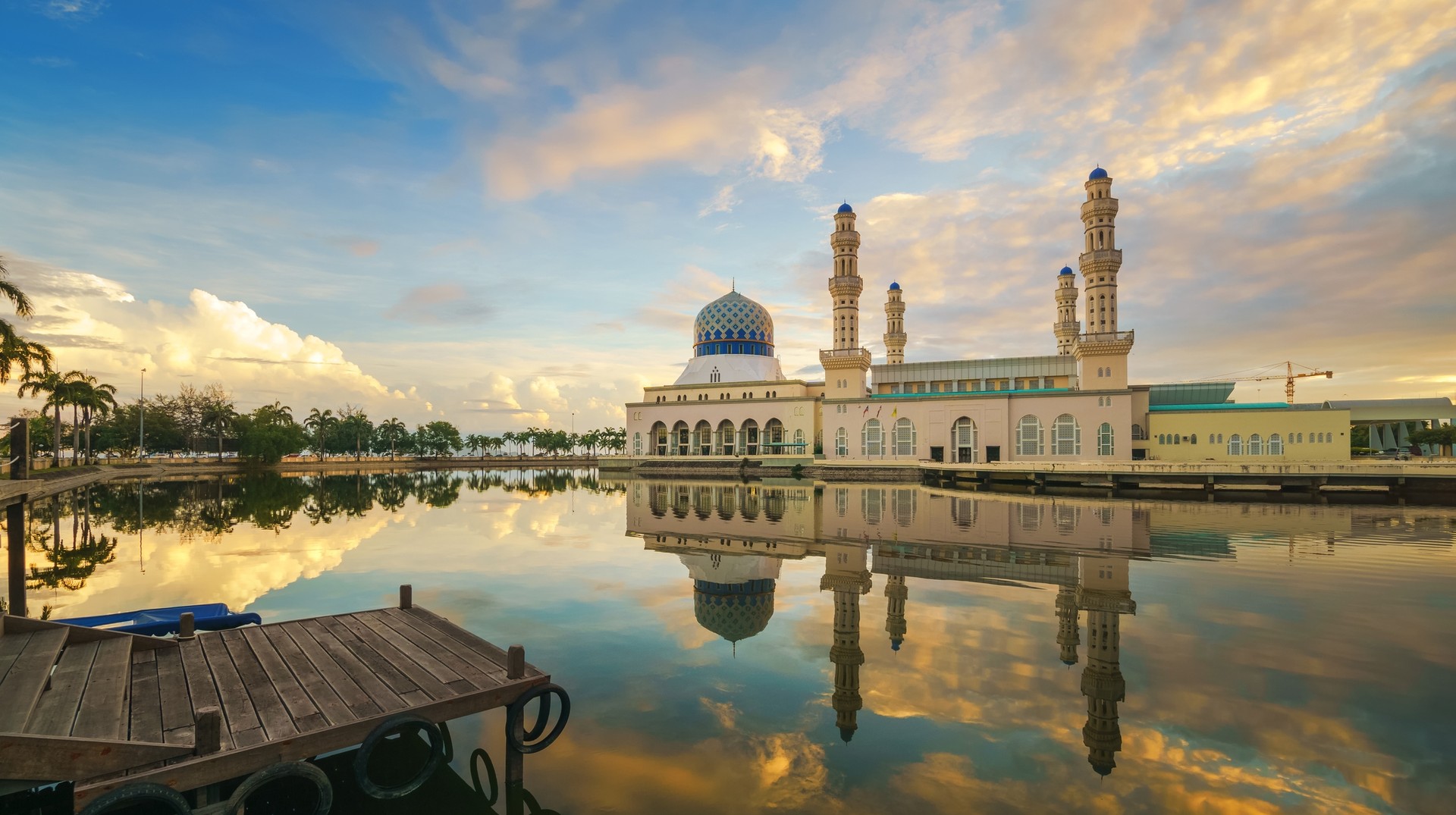 Colorful sky at Kota Kinabalu City Mosque in Malaysia in August.