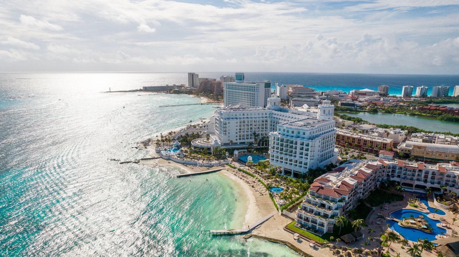 Aerial panoramic view of Cancun city hotel zone in Mexico