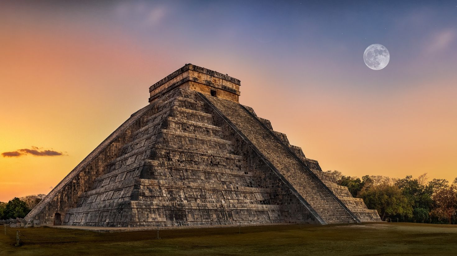 chichen itza with various sunsets