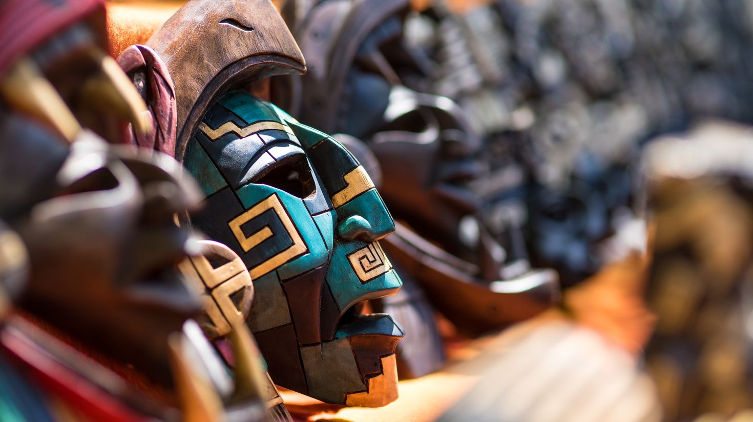 Colorful wood carving traditional Mayan mask souvenirs