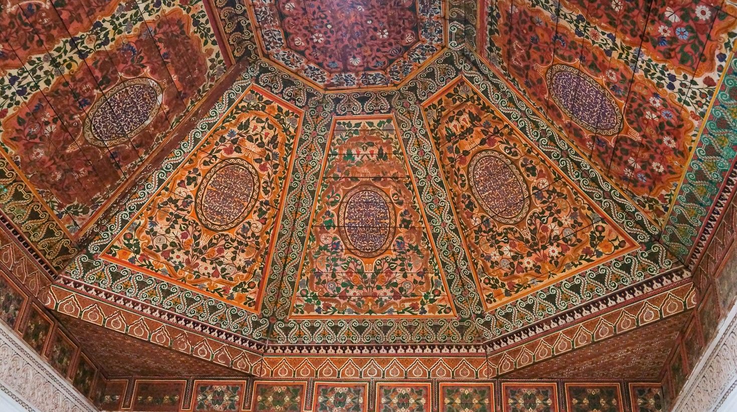 Painted wooden ceiling of the Bahia Palace in Marrakesh,Morocco