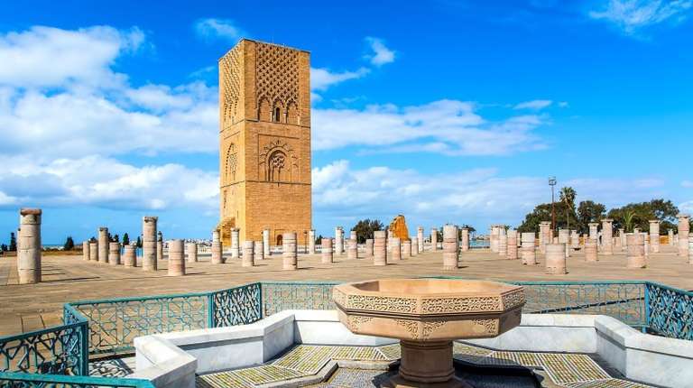 The view of Hassan Tower on a clear day in Morocco in October.