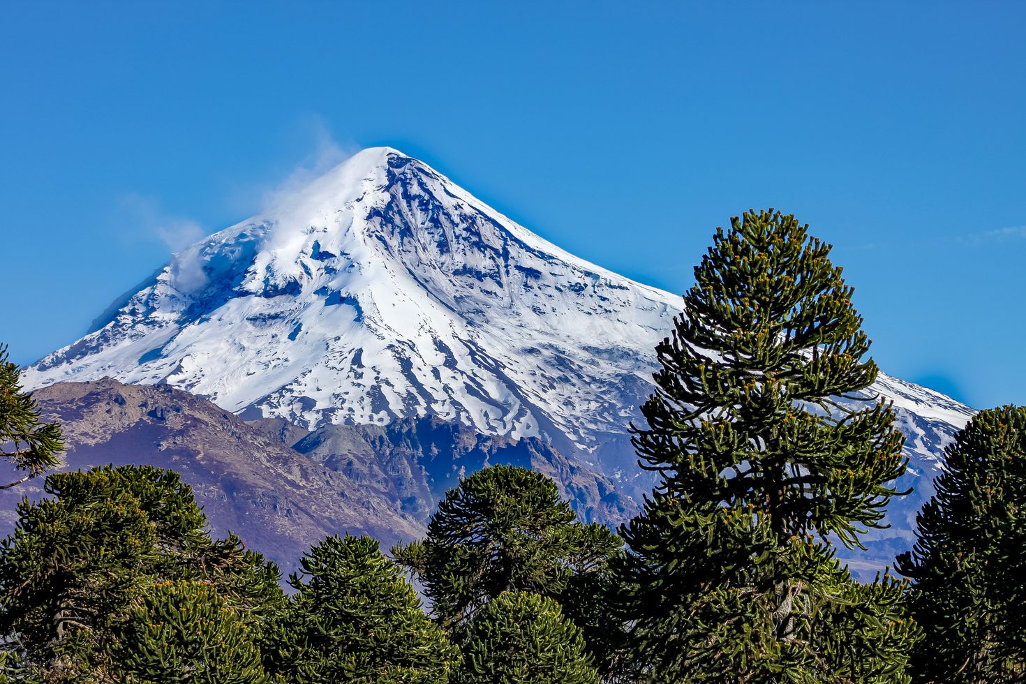 The view of the Lanin Volcano from the road to Tromen Lake in Argentina.