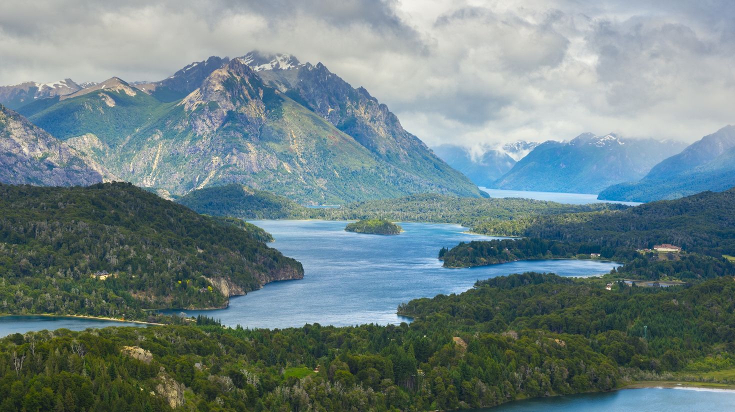 The view of Nahuel Huapi National Park from Cerro Campanario in Argentina.