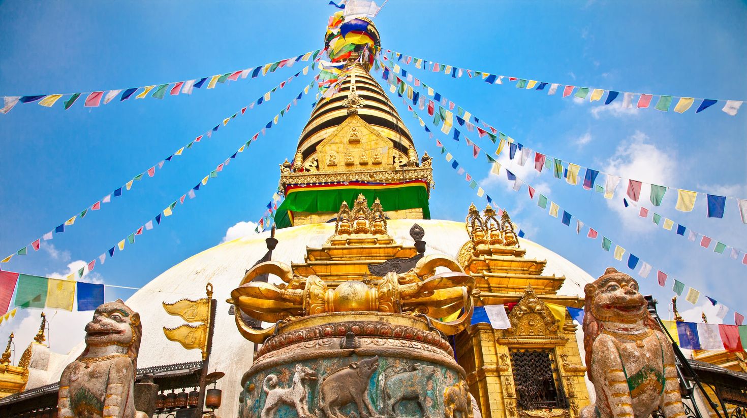 View of Swoyambhunath from below on a bright sunny day.