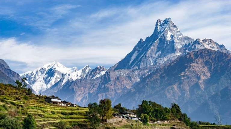 Machhapuchhre and Terraced Fields in Nepal in September.