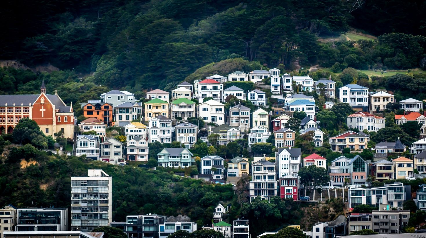 See colorful houses in Wellington when traveling in New Zealand.