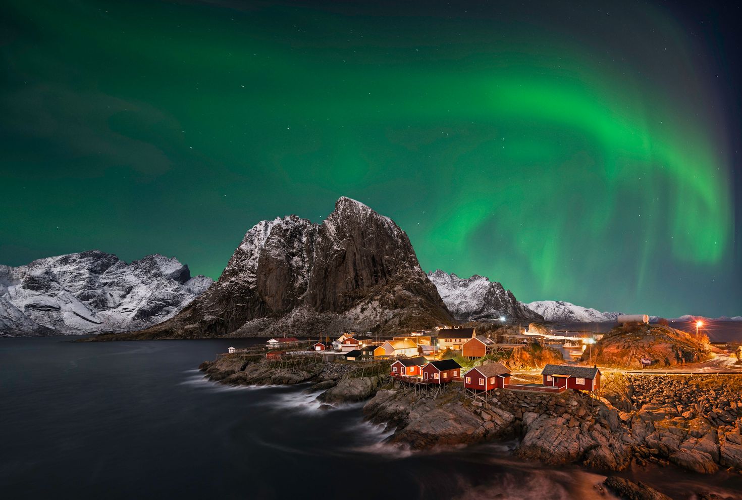 Beautiful aurora over Hamnoy, in the Lofoten islands, Norway