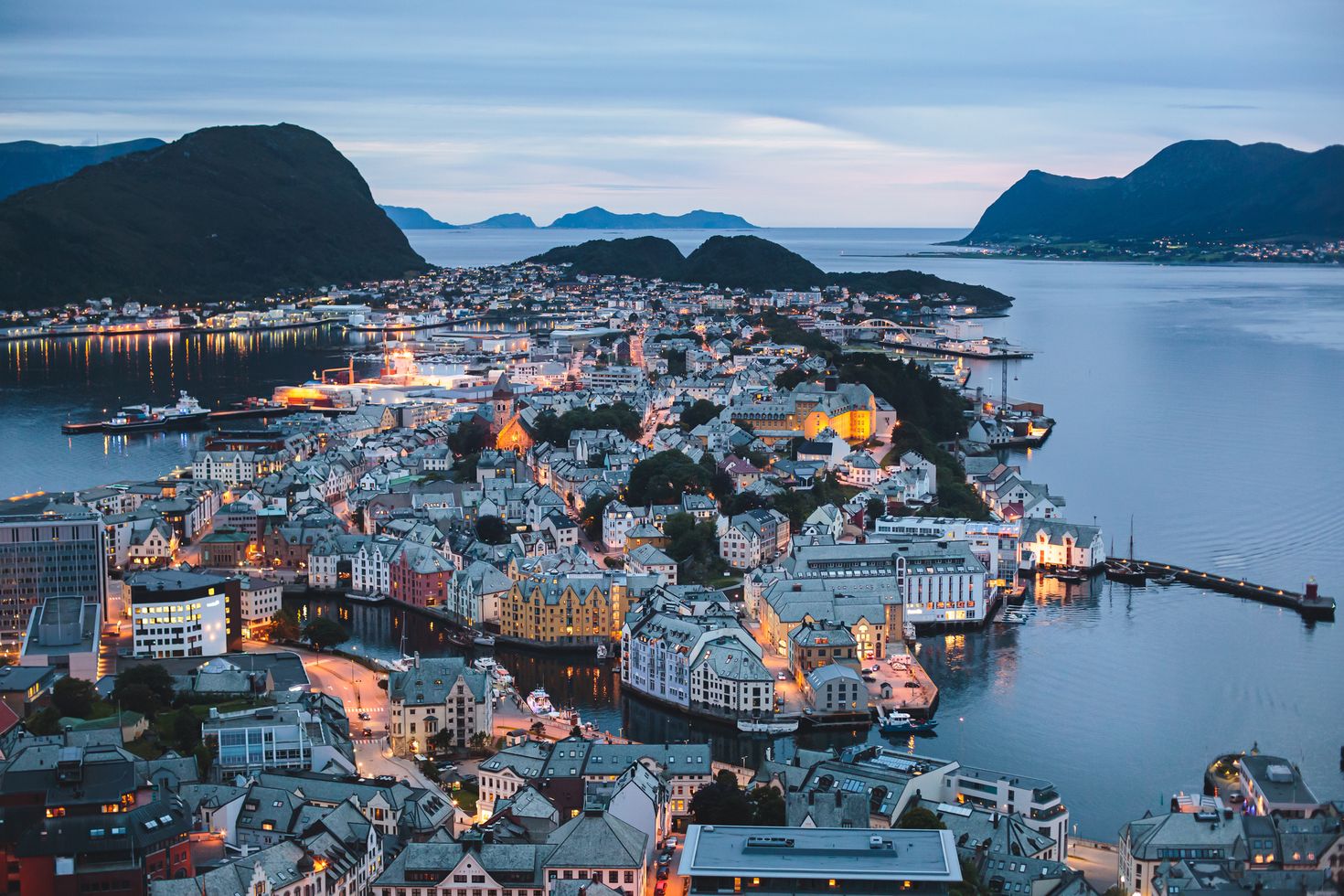 Beautiful super wide-angle summer aerial view of Alesund, Norway