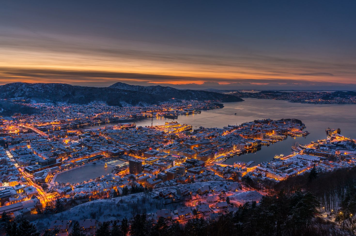 View from Floyen mountain of Bergen covered in snow, Bergen