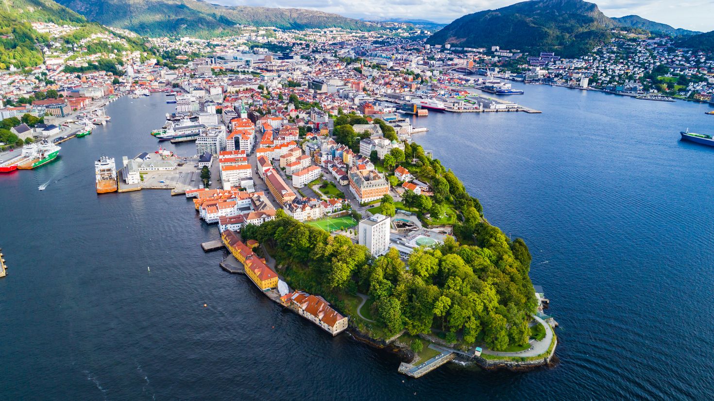 Aerial of view of Old Town Bergen, Norway
