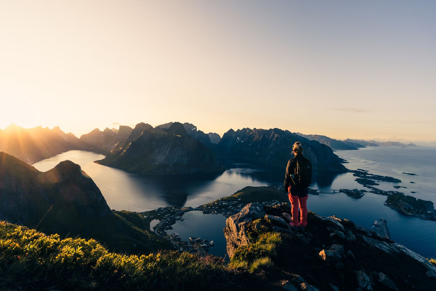 The view atop Lofoten archipelago during sunrise