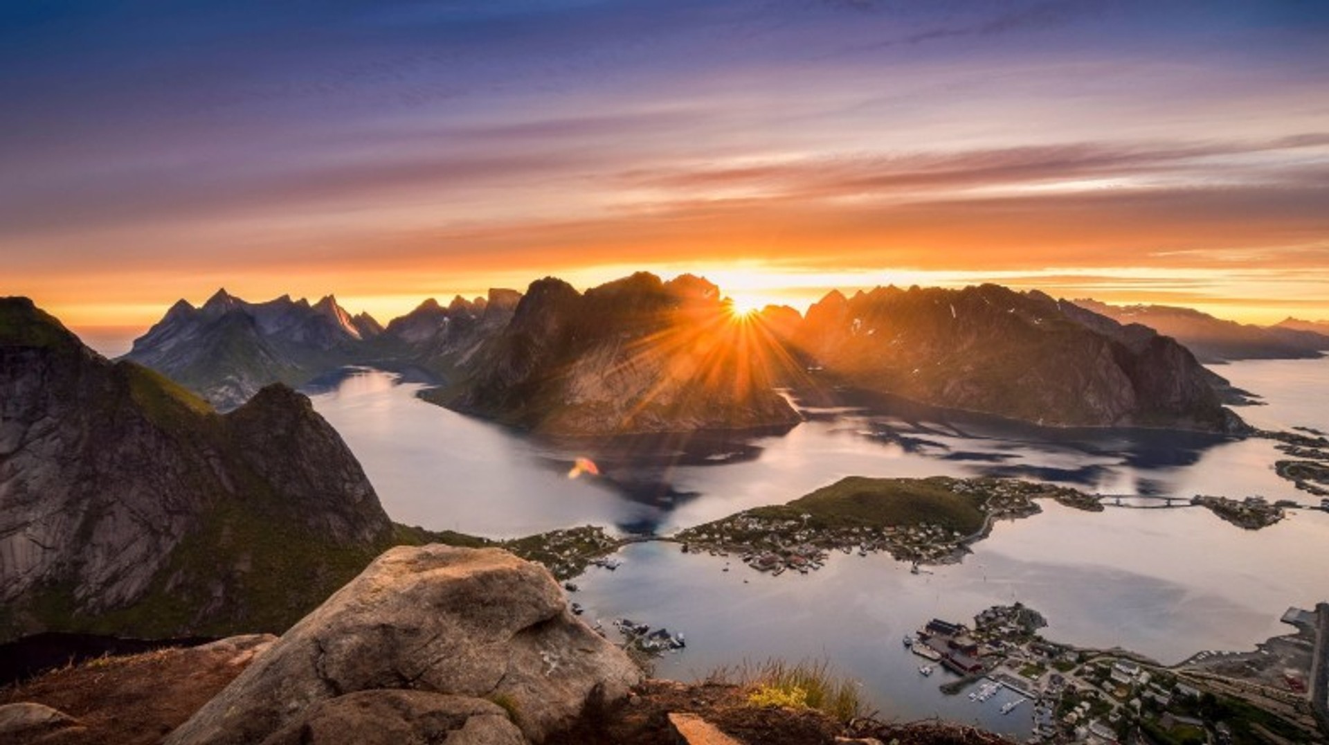 Midnight sun in Lofoten Island in Norway in May.