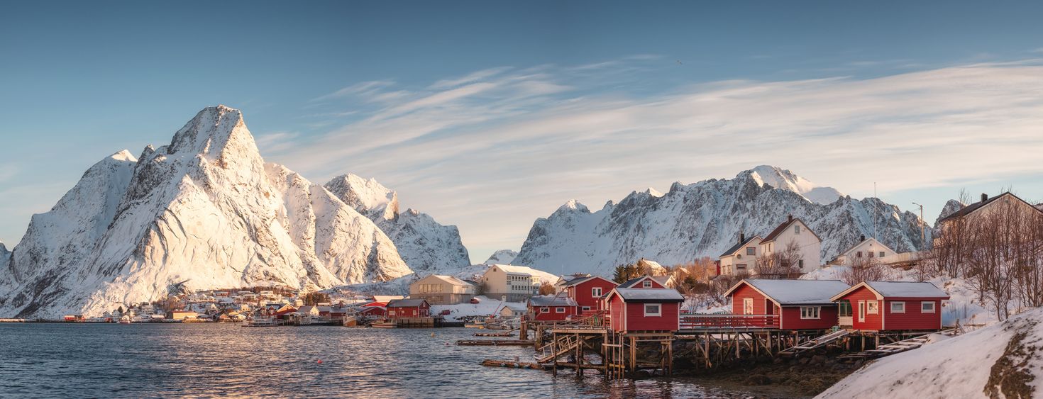 View of Scandinavian village in Lofoten Islands, Norway in November