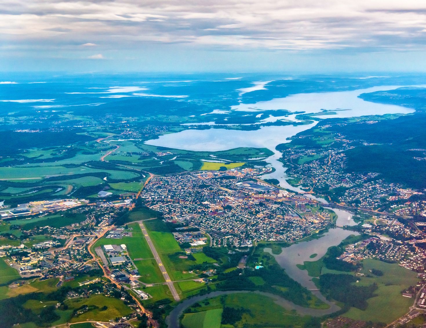 View of Lillestrom town from an airplane, Norway in October