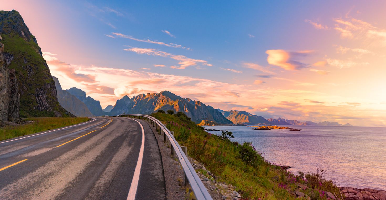 View of a sunset from a highway in Norway during October