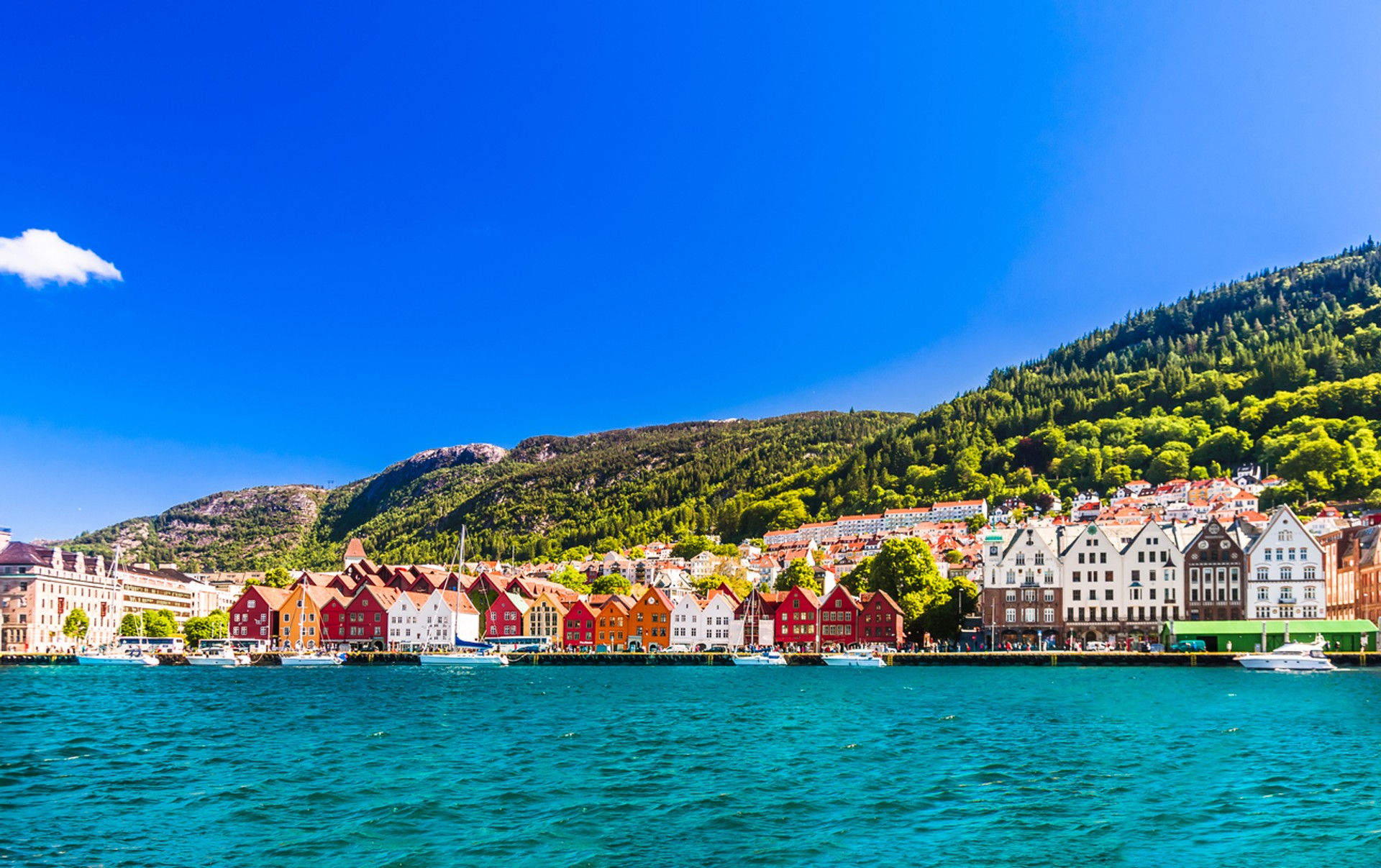 During September, enjoy the sites in Bergen on a bright sunny day View of Bergen on a bright sunny day, Norway in September