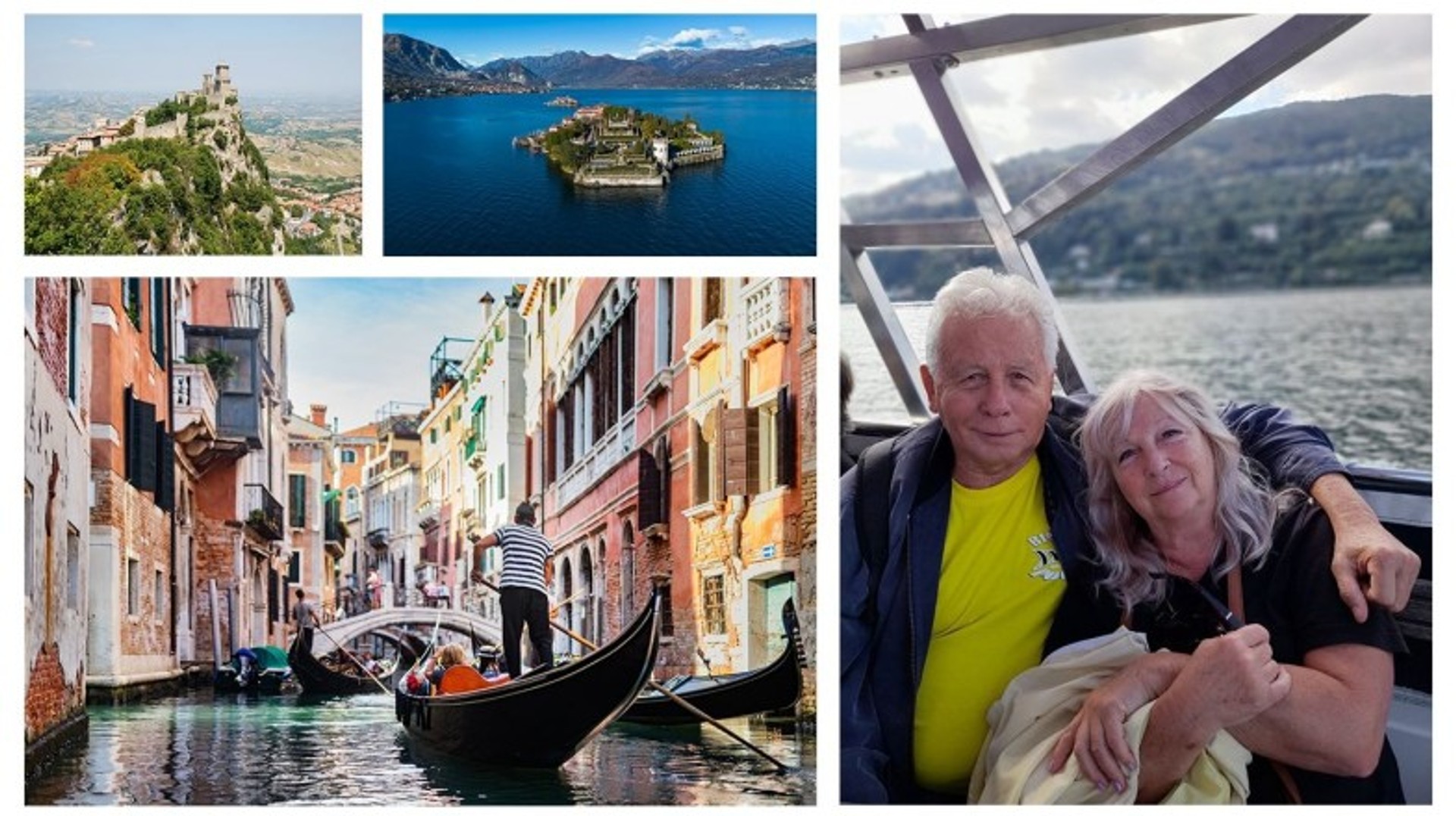 A collage of pictures from Oleg's trip to Italy along with Oleg and his wife's photograph on the boat.