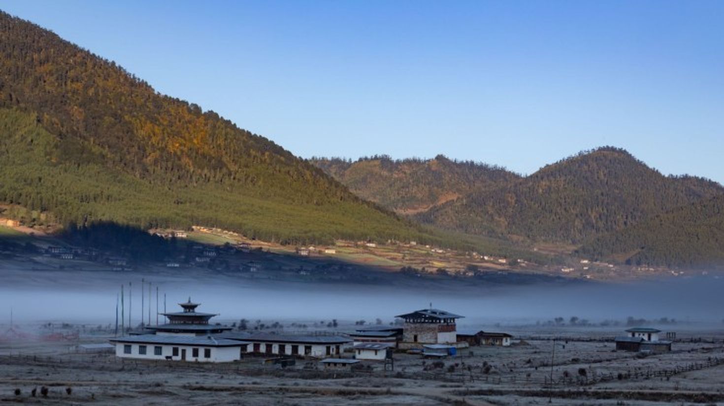 Panoramic view of  Phobjikha Valley on a summer morning in Bhutan.