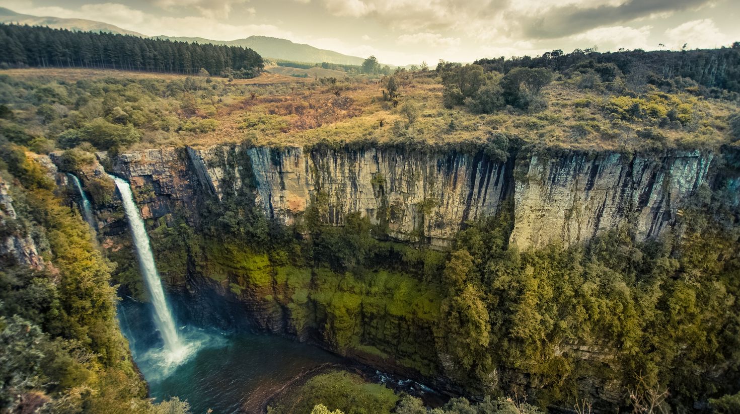 Wide view looking down on Mac Mac Falls and its deep canyon in Mpumalanga.