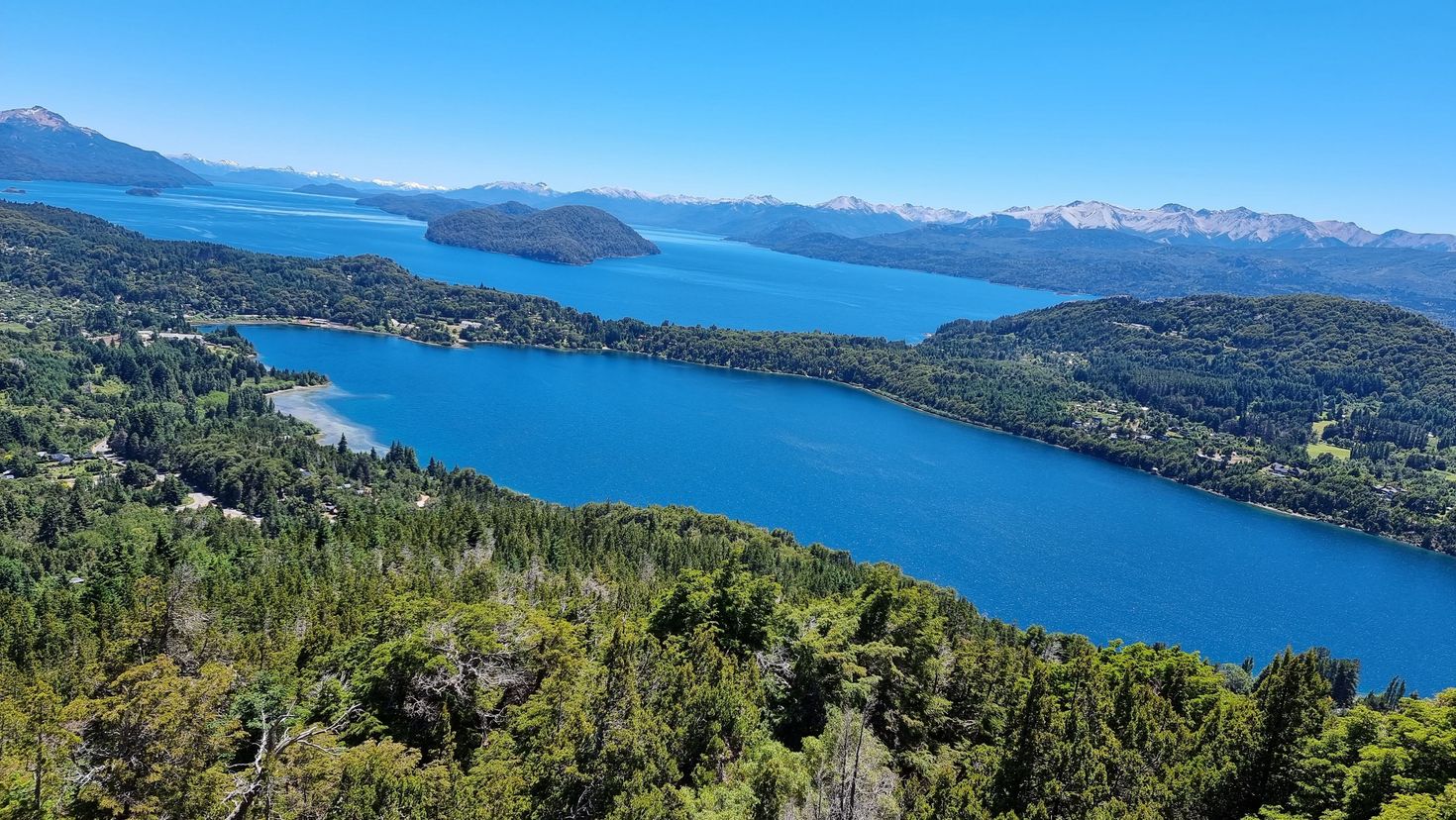 An aerial view of Nahuel Huapi Lake in a lake district In Patagonia.
