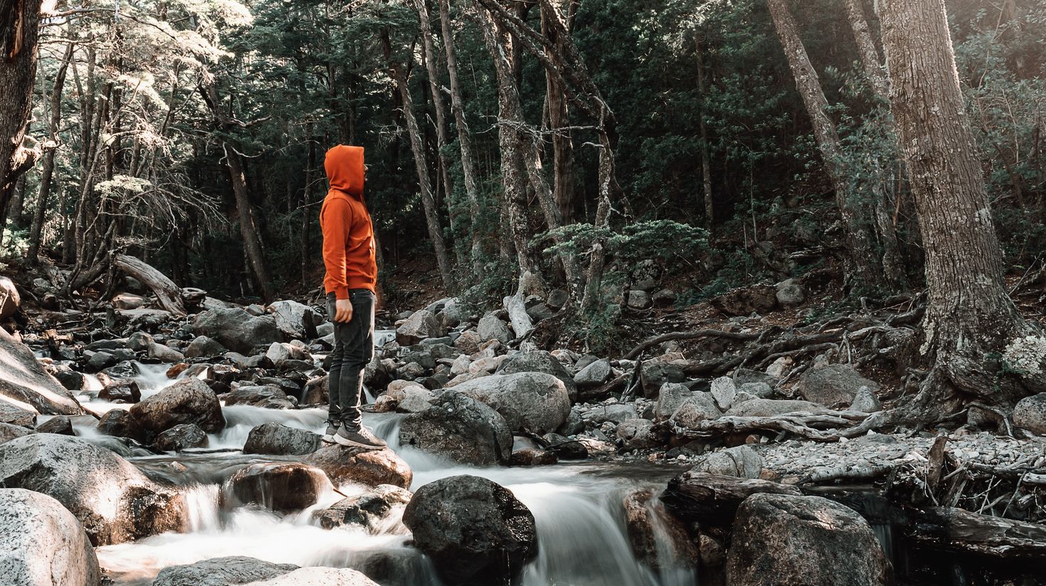 A tourist standing on a mighty stream in Patagonia.