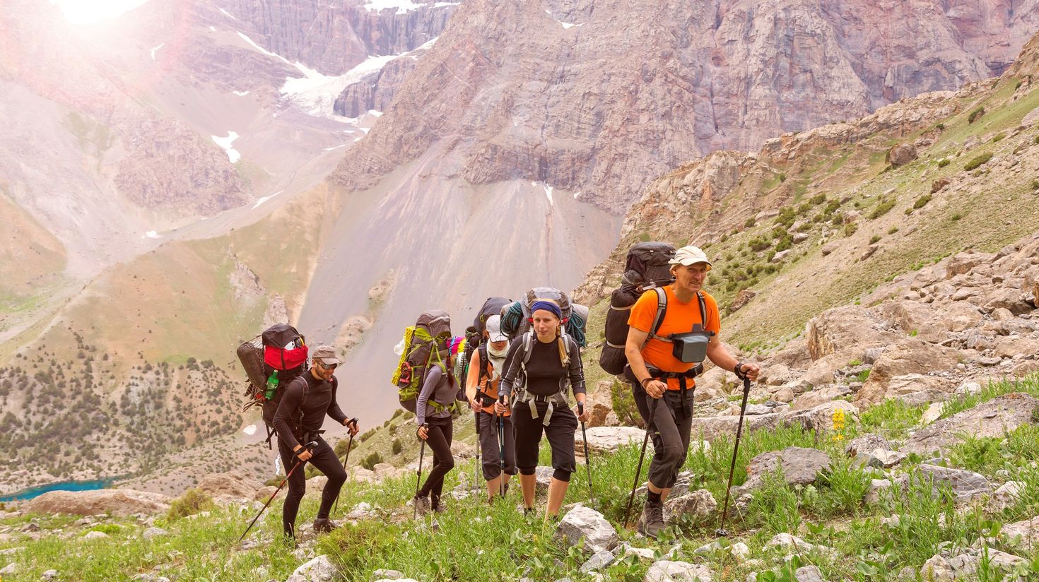 A group of people trekking in the mountains of Patagonia.