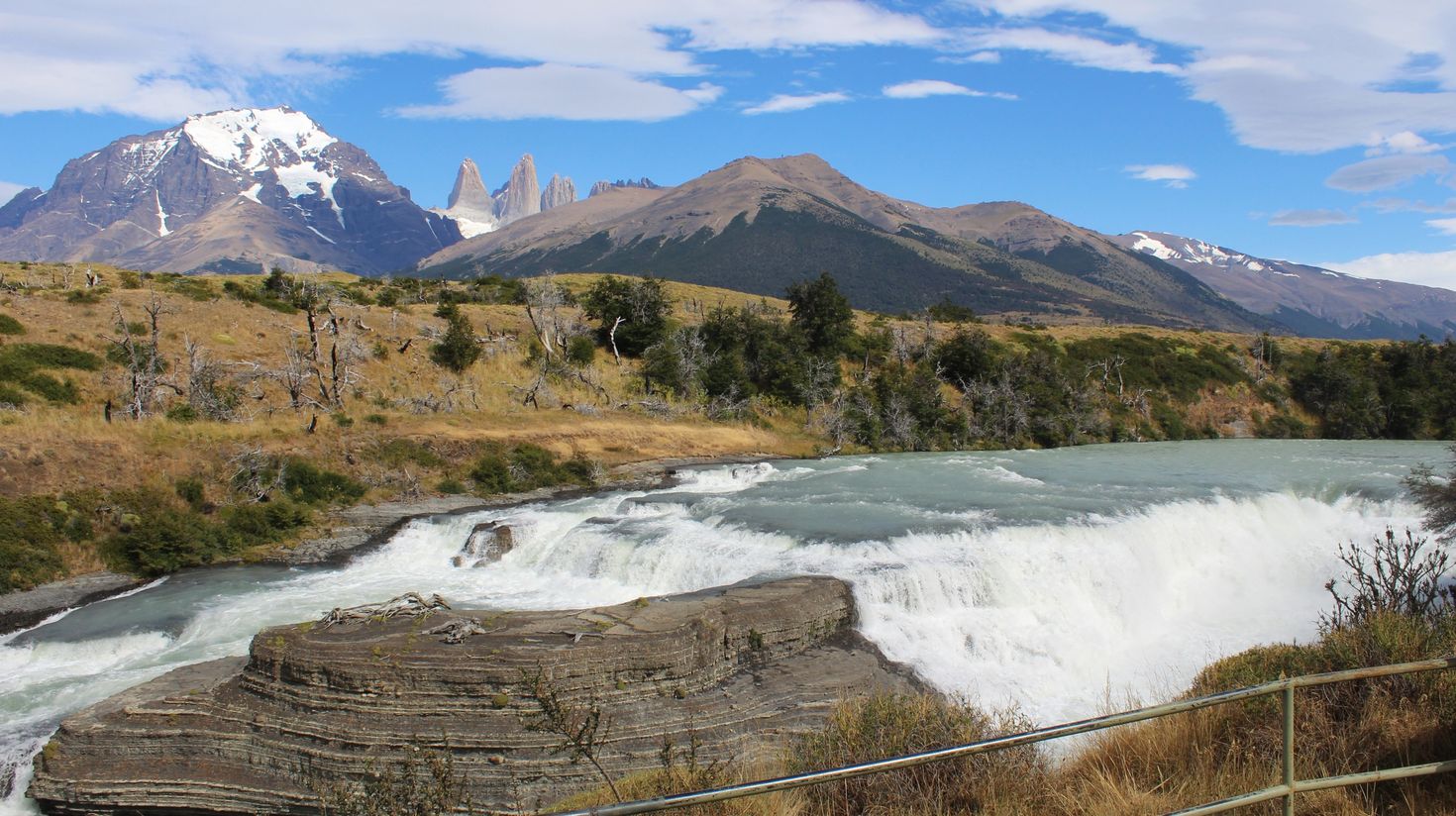 Paine waterfall with river at Torres del Paine National Park in Patagonia.