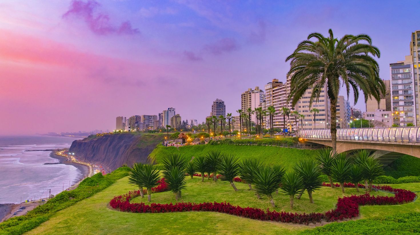 Evening view of Miraflores District, Lima Peru