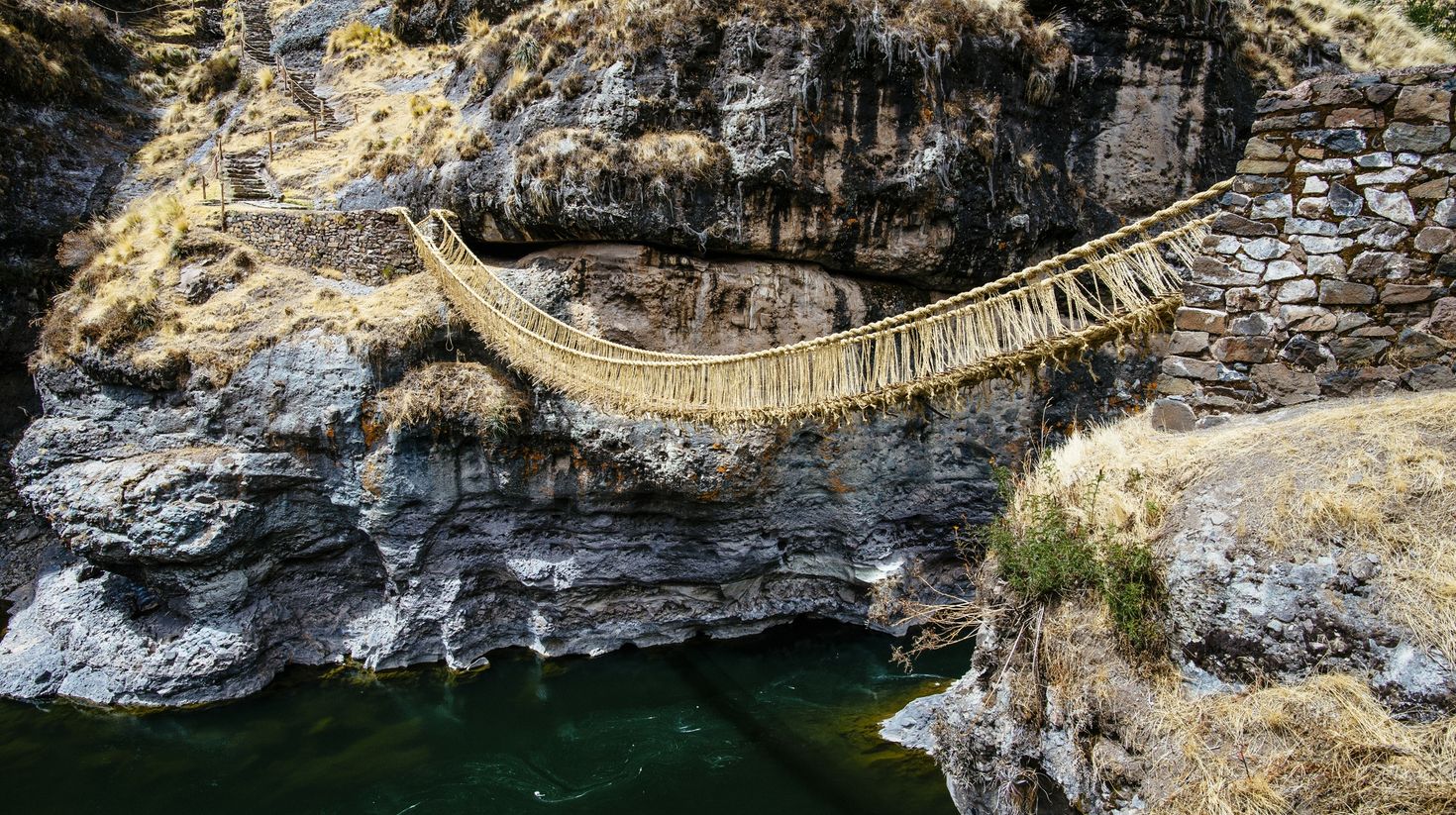 Q'eswachaka Bridge is the last Inca bridge. Peru.