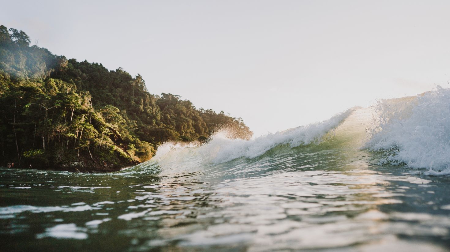 Crashing waves with tropical trees in background in Jaco, Costa Rica