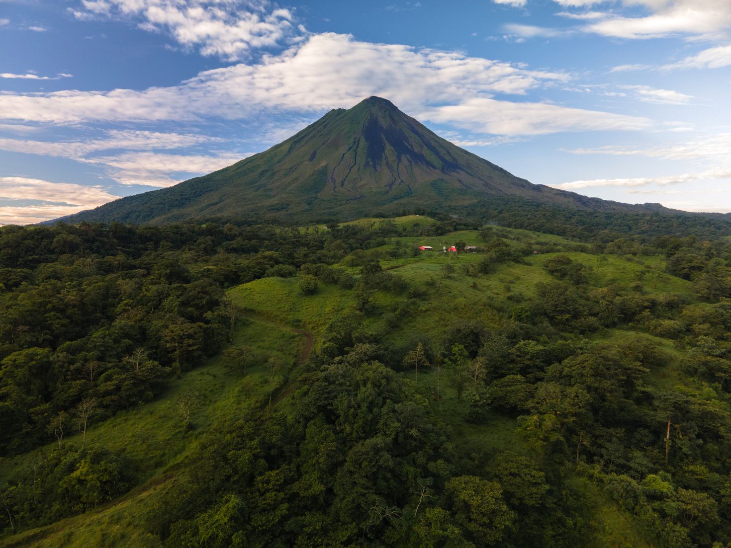 Aerial view of Arenal volcano on a bright sunny day, Costa Rica