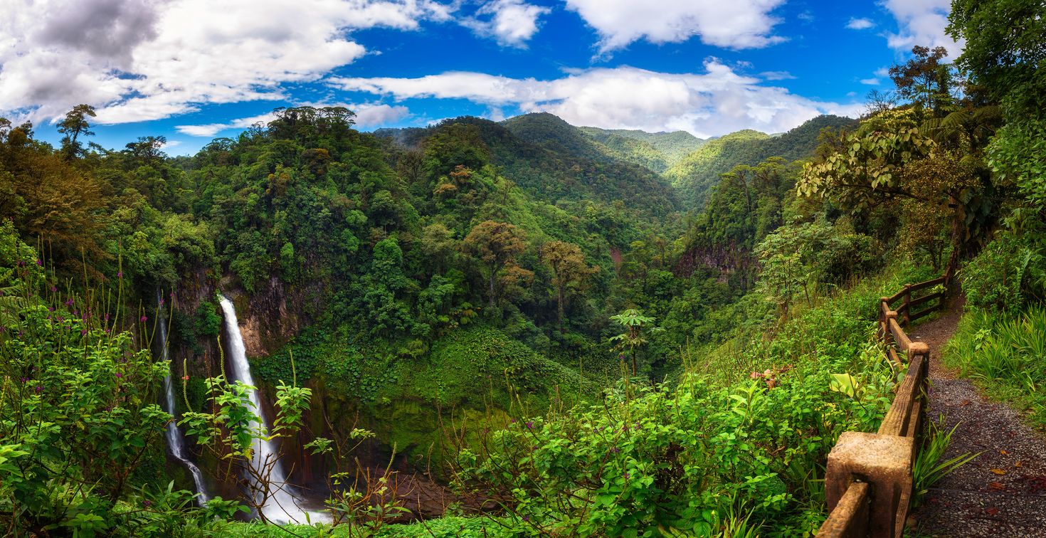 Panorama of the Catarata del Toro waterfall in Costa Rica