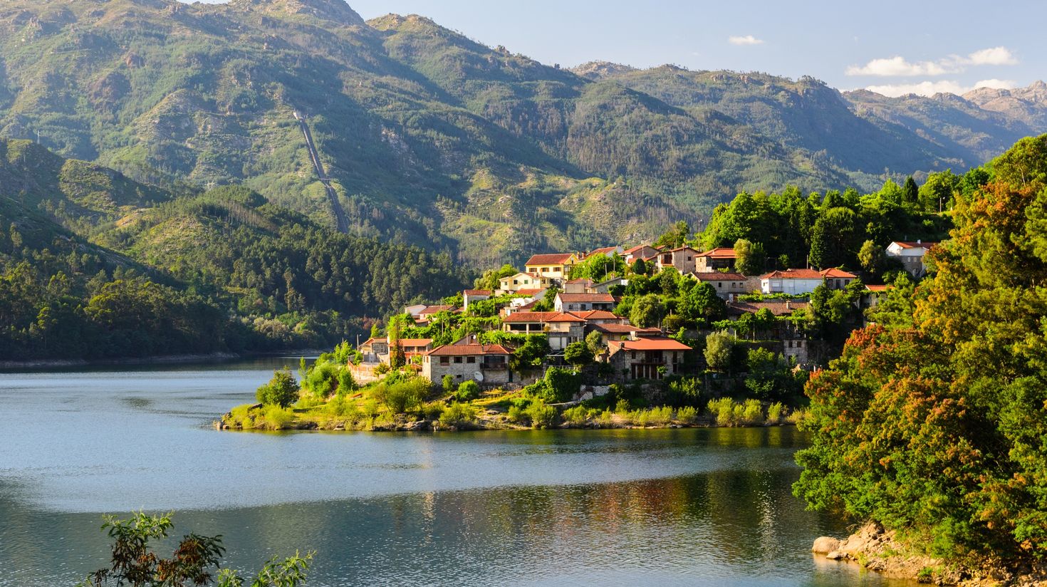 scenic view of Cavado river and Peneda-Geres National Park in northern Port
