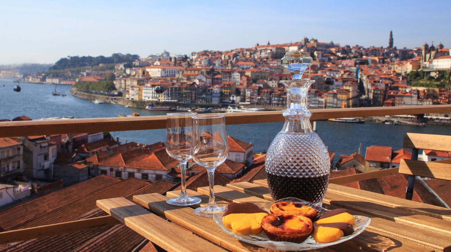 Table with view a wonderful view over the river in Porto, Portugal.
