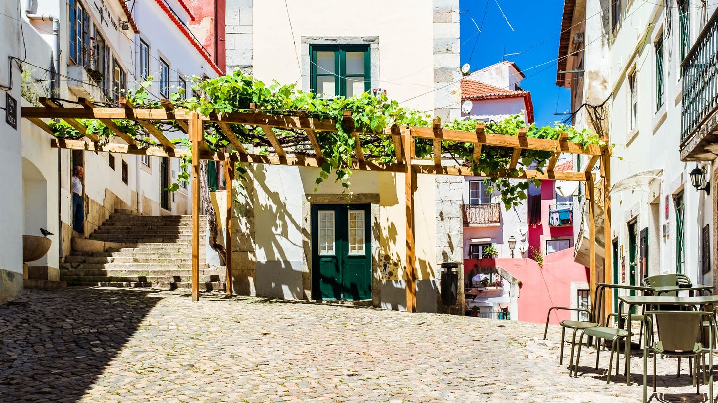 Street view of Alfama district on sunny day