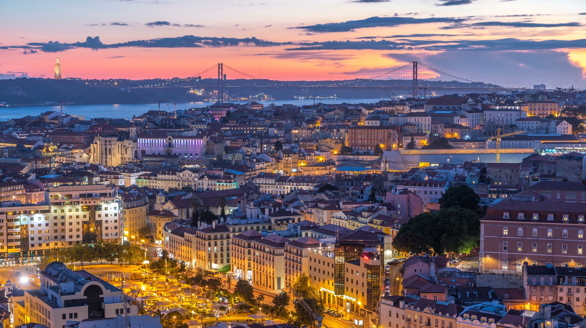 Lisbon after sunset aerial panorama view of city