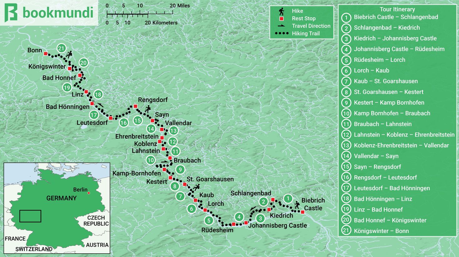 Map of the Rheinsteig hiking trail