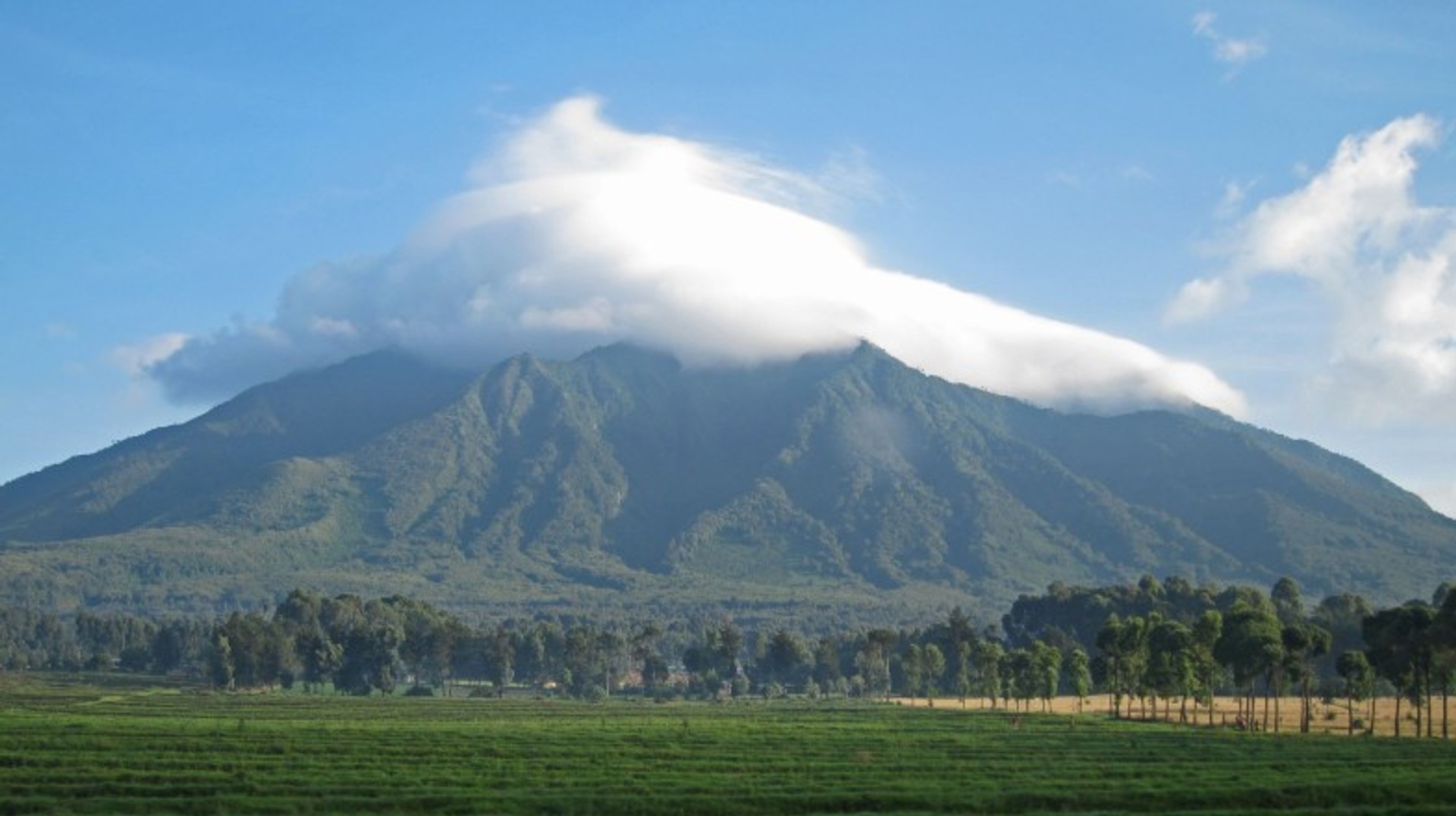 A large cloud hovers over a mountain in Volcanoes National Park on your one week in Rwanda.