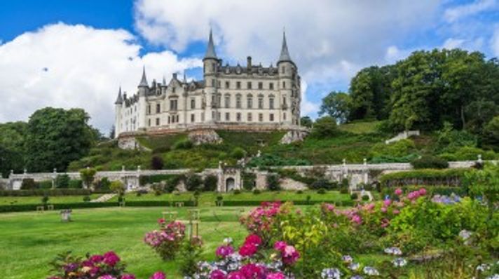Vibrant flowers in Dunrobin Castle's gardens, Sutherland, Scotland.